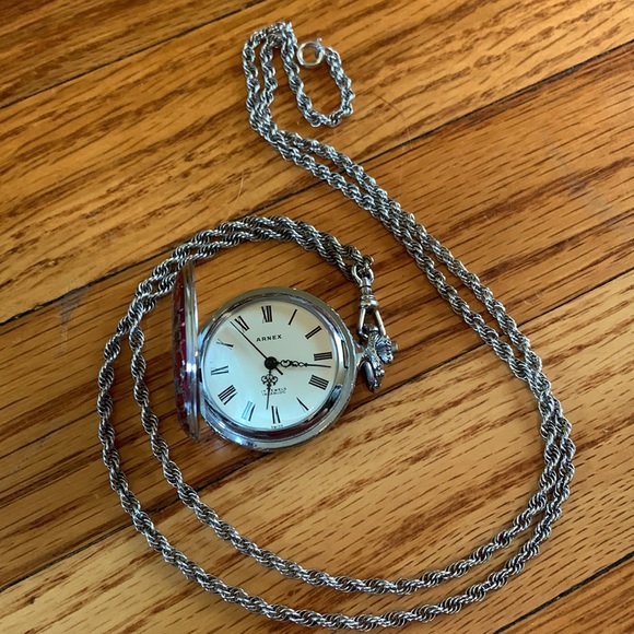 Arnex Swiss pocket watch wind up w red/blue enamel cover on silver tone chain - Picture 4 of 5